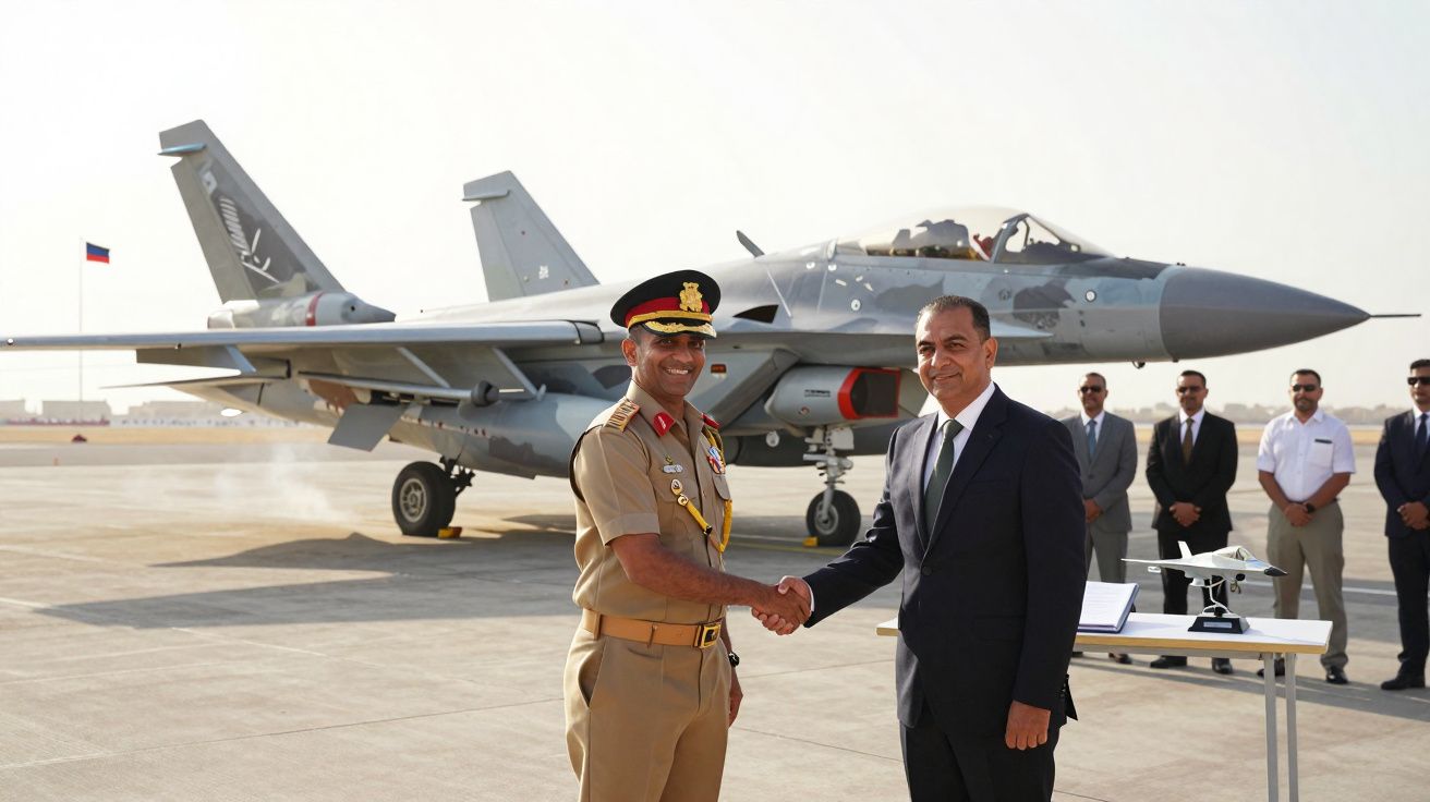 Dois homens, um em uniforme militar e outro em terno, apertando as mãos diante de um caça militar estacionado.