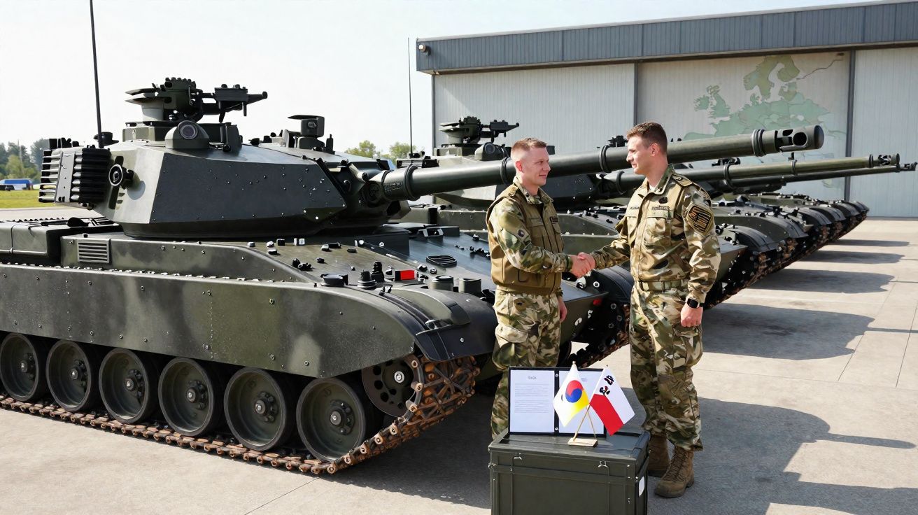 Dois soldados em uniforme militar apertando as mãos em frente a tanques de guerra alinhados.