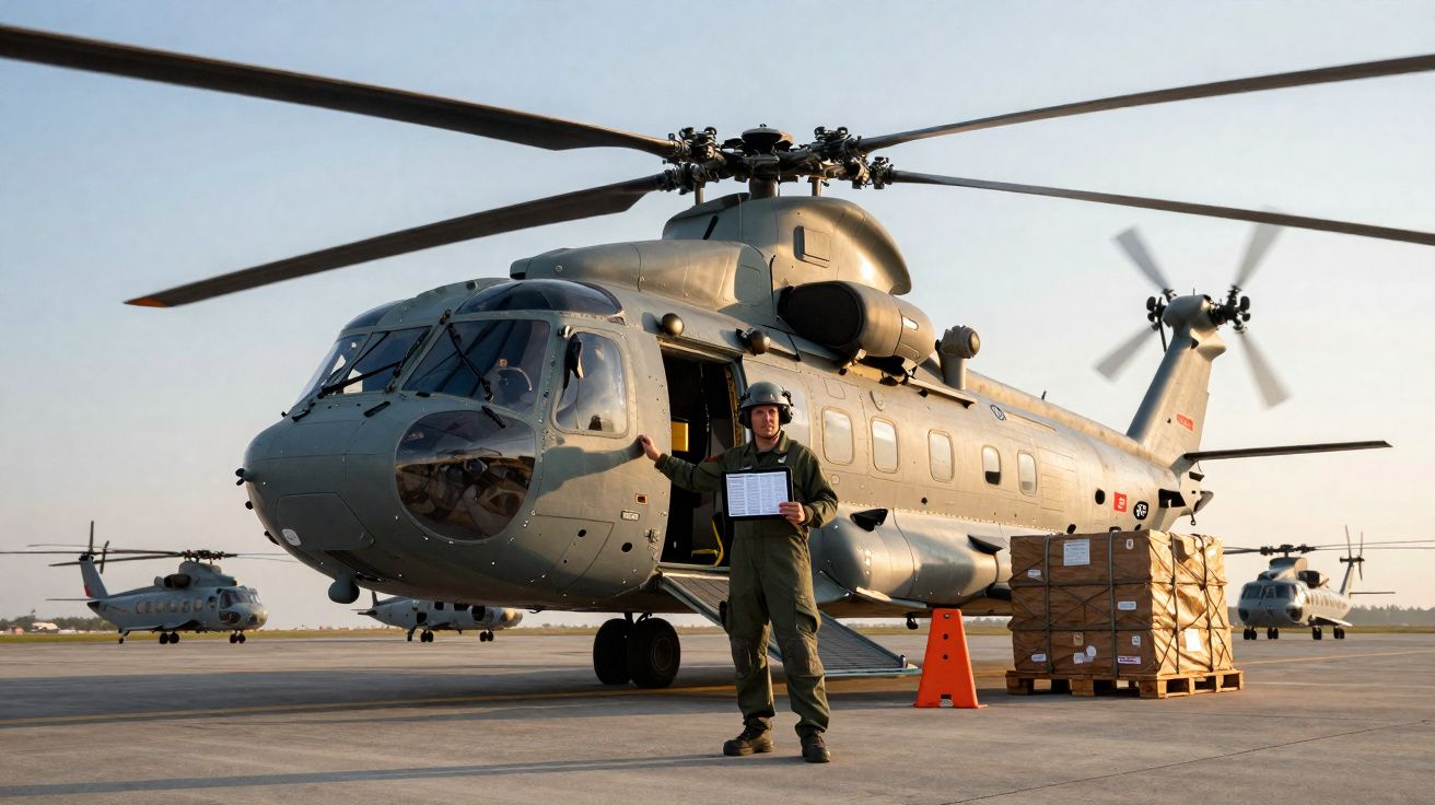 Militar em uniforme de voo posando em frente a helicóptero militar estacionado em pista com cargas ao lado.