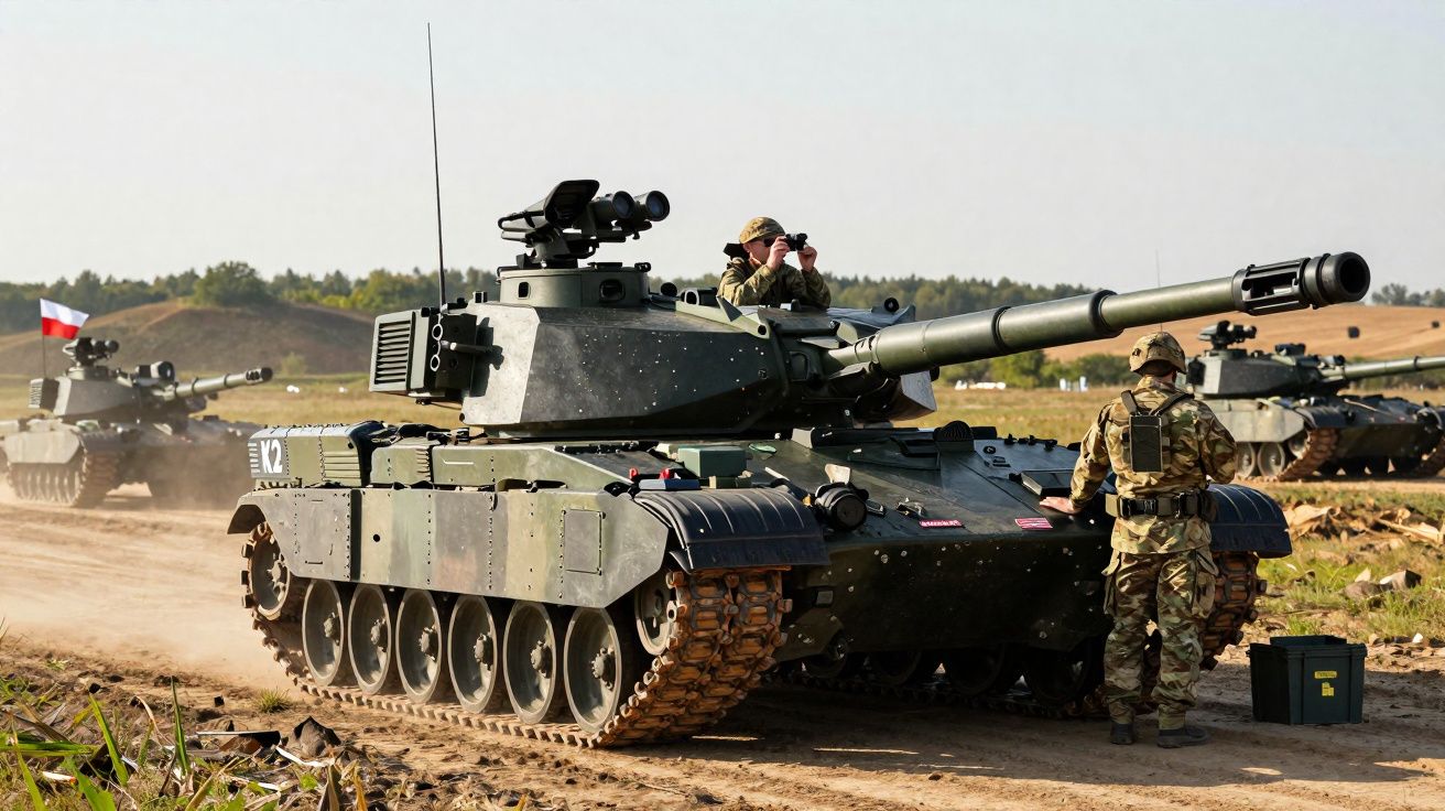 Tanques militares em terreno aberto com soldados e bandeira da Polônia ao fundo em dia claro.
