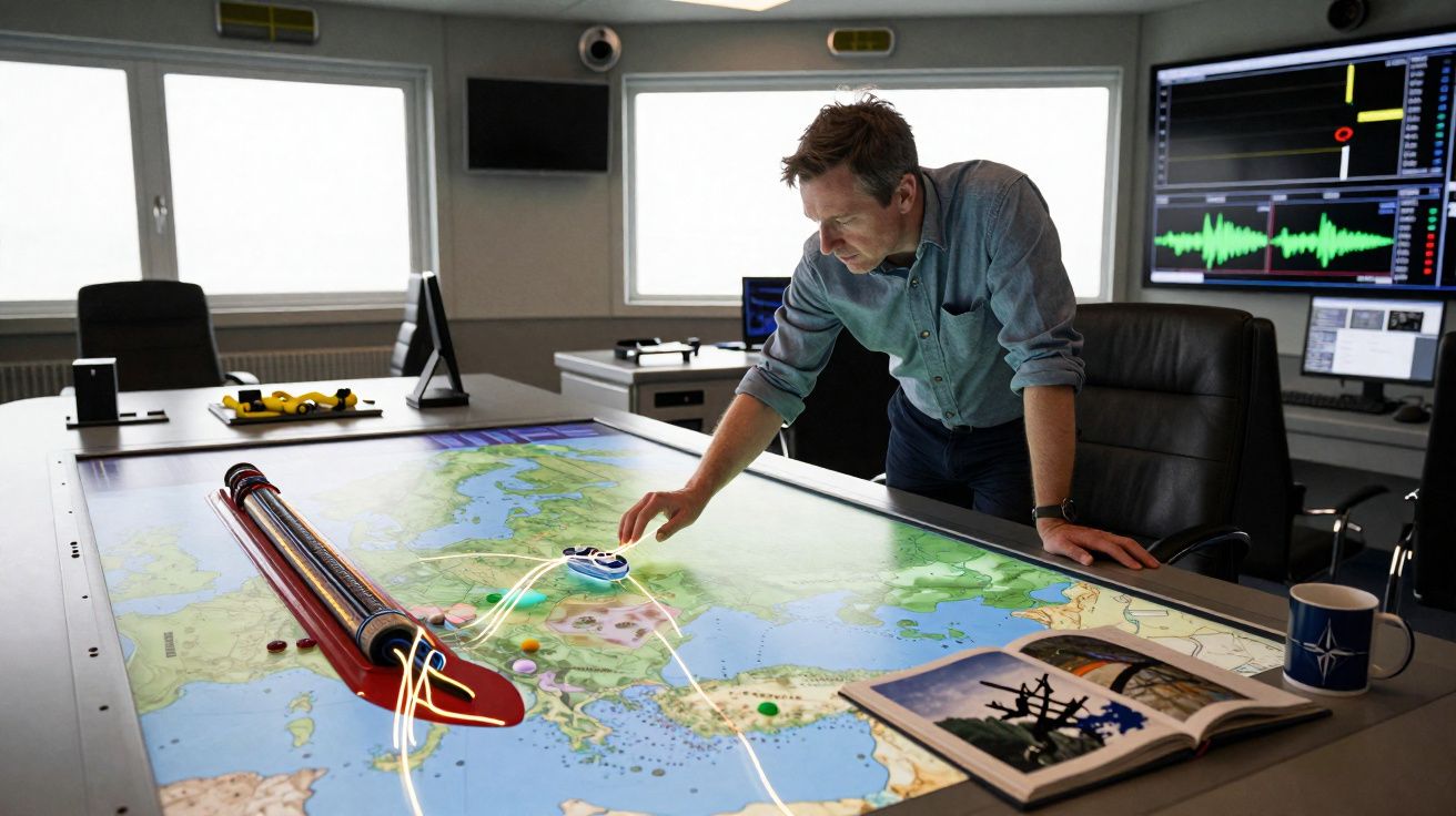 Homem analisando mapa tático iluminado em mesa interativa dentro de sala de comando.