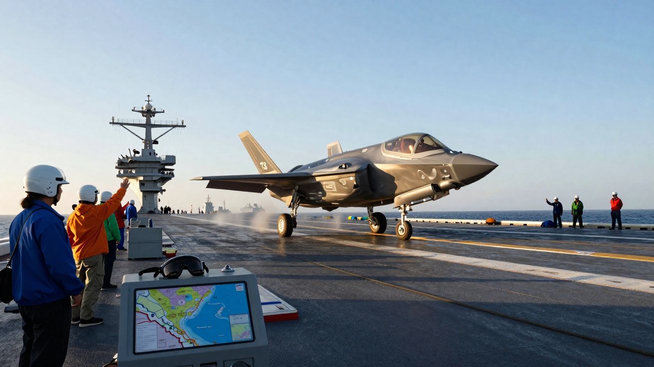 Caça F-35 decolando de porta-aviões com equipe de operação naval observando no convés.
