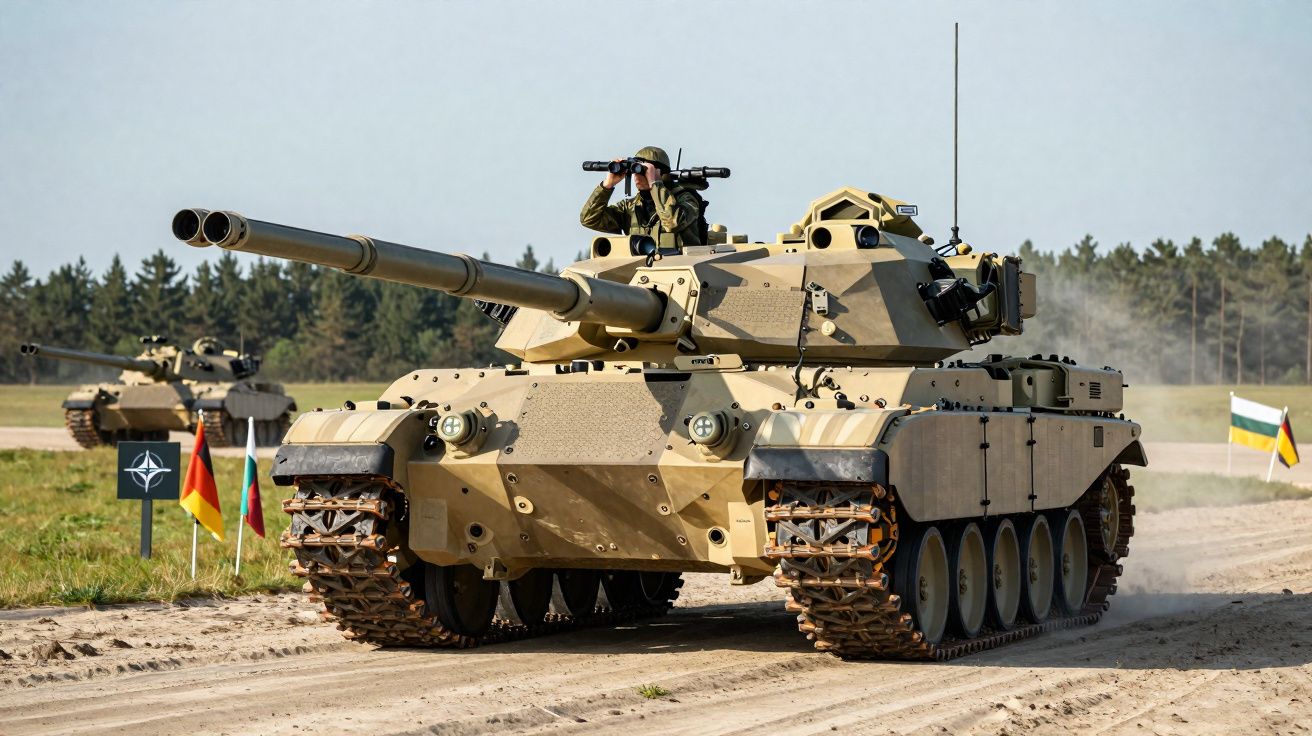 Tanque de batalha moderno em tom bege com soldado observando ao longe por binóculos em terreno arenoso.