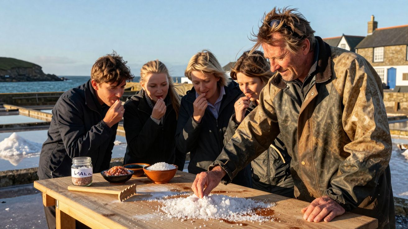 Cinco pessoas provam sal grosso em mesa de madeira perto do mar em ambiente rústico.