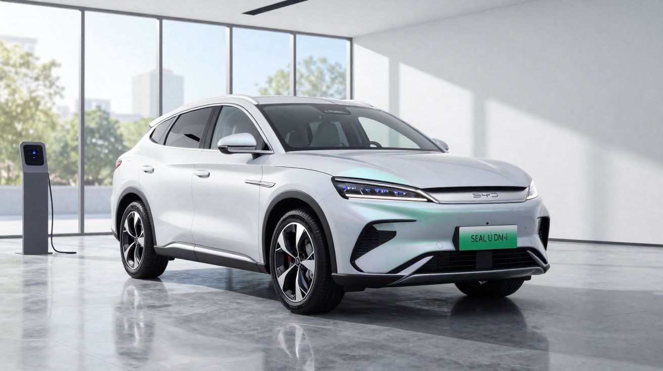 Carro elétrico branco estacionado em ambiente interno ao lado de ponto de recarga.