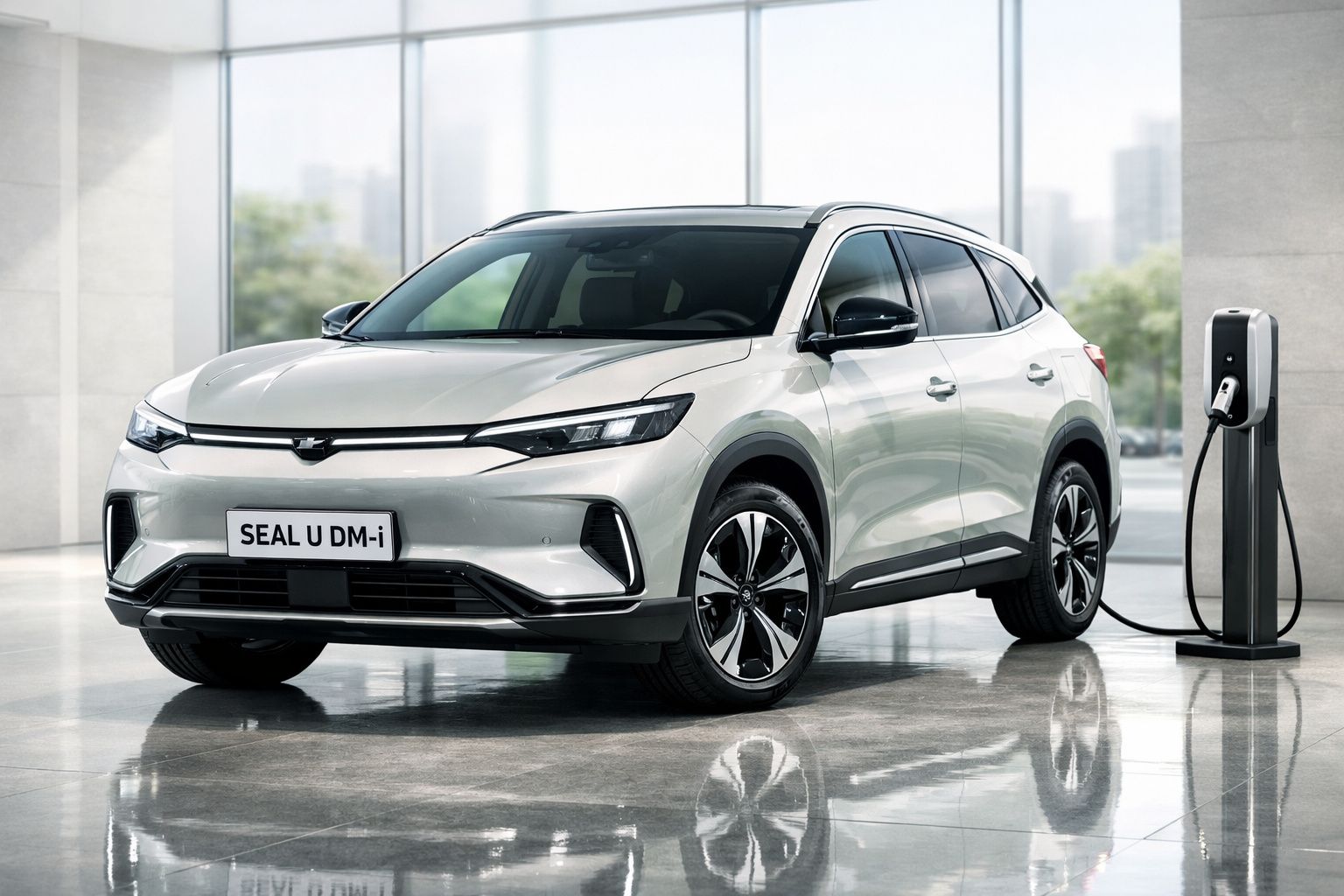 Carro elétrico cinza prata SEAL U DM-i carregando em estação dentro de ambiente moderno e iluminado.