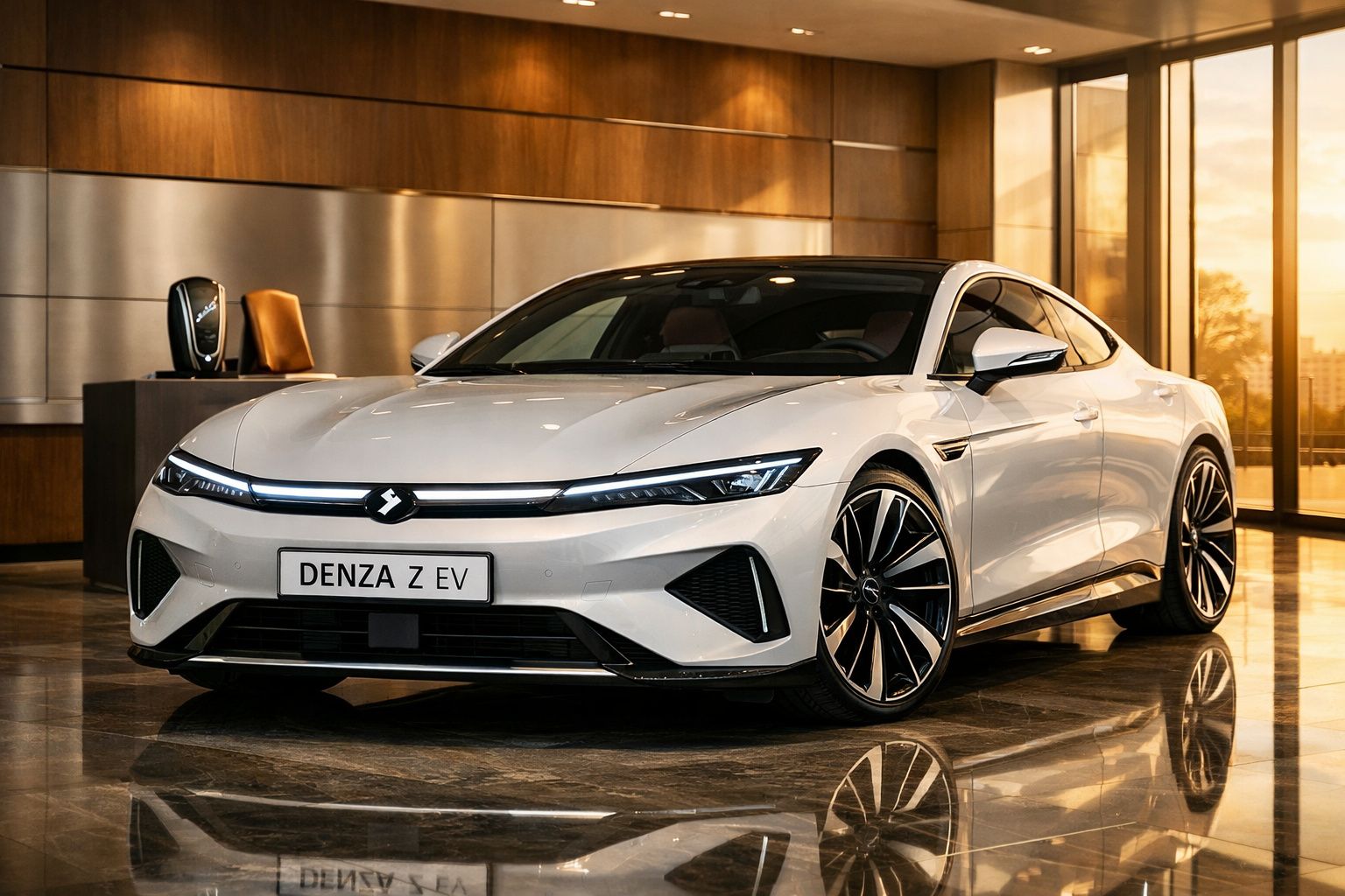 Carro elétrico branco Denza Z EV em showroom com piso e paredes em madeira e grandes janelas ao fundo.
