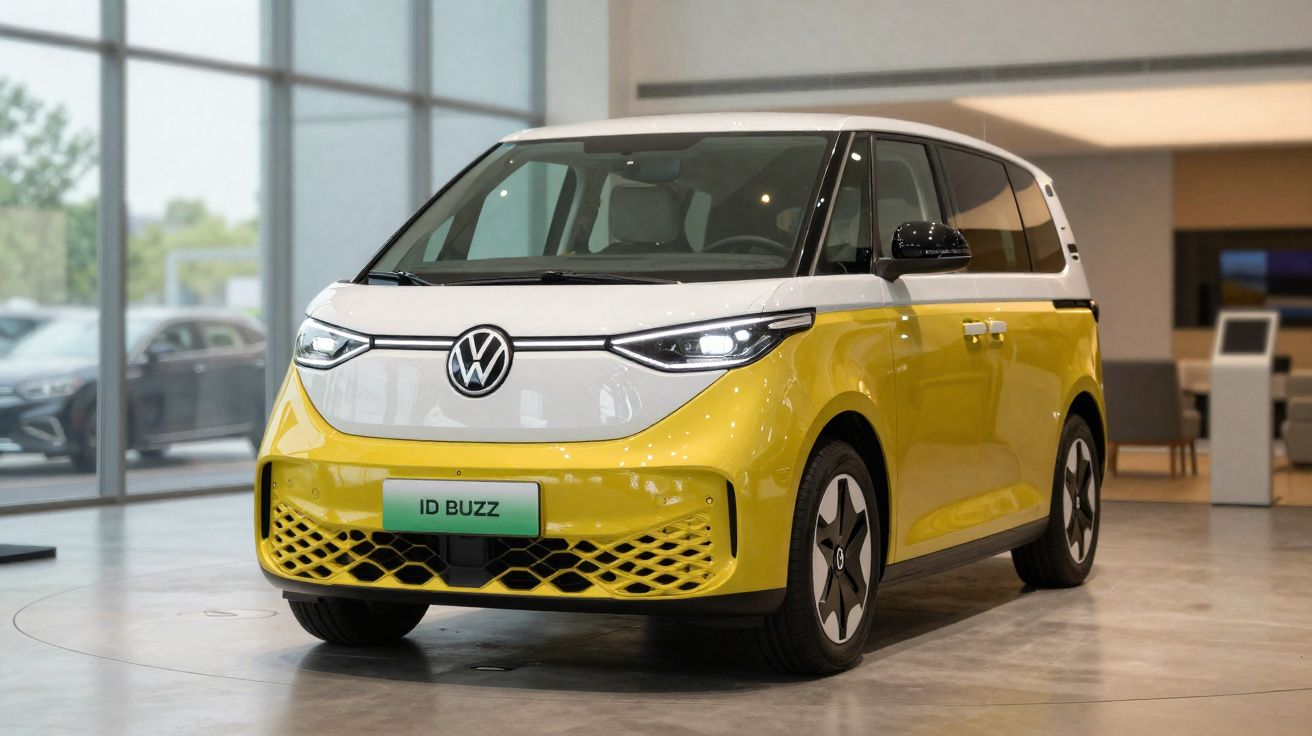 Carro elétrico Volkswagen ID Buzz amarelo e branco em showroom moderno.