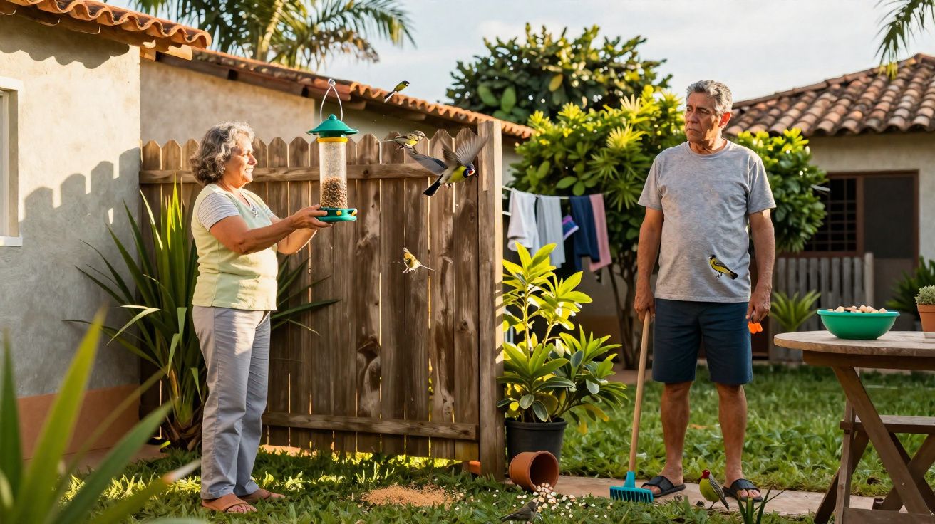 Casal idoso alimenta pássaros com comedouro pendurado no jardim de casa ensolarado.