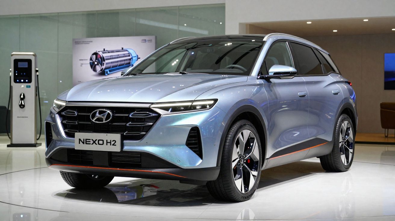Carro elétrico Hyundai NEXO H2 prata exposto em ambiente interno moderno com carregador ao lado.