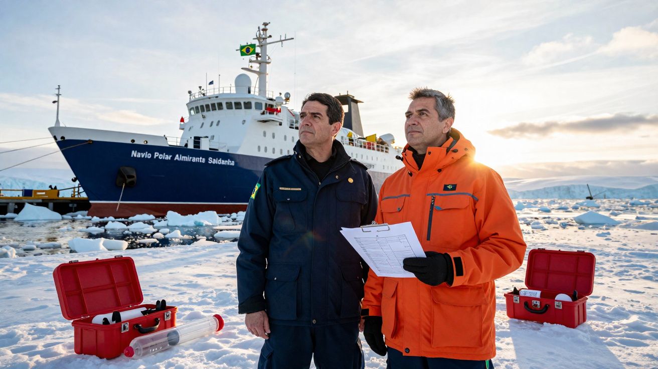 Dois homens em roupas de inverno com navio polar ao fundo sobre gelo e neve.