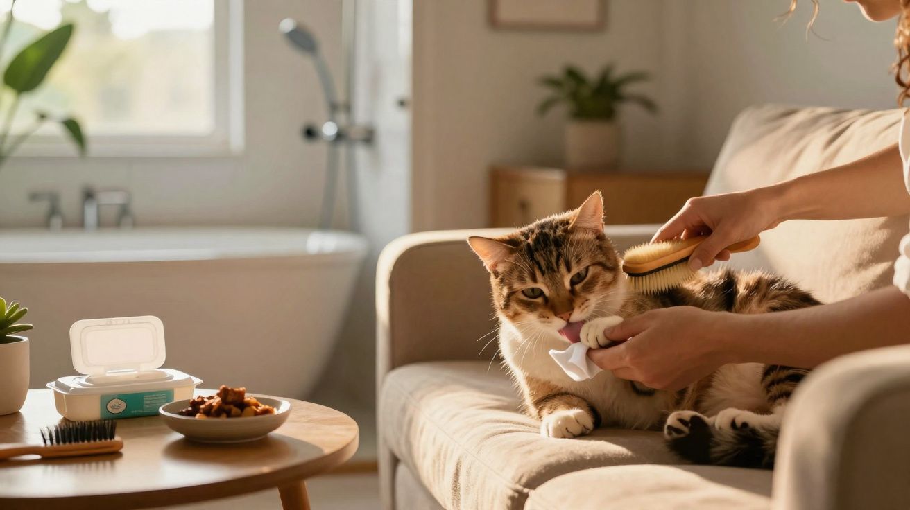 Pessoa escova gato enquanto limpa as patas dele em um sofá numa sala iluminada.
