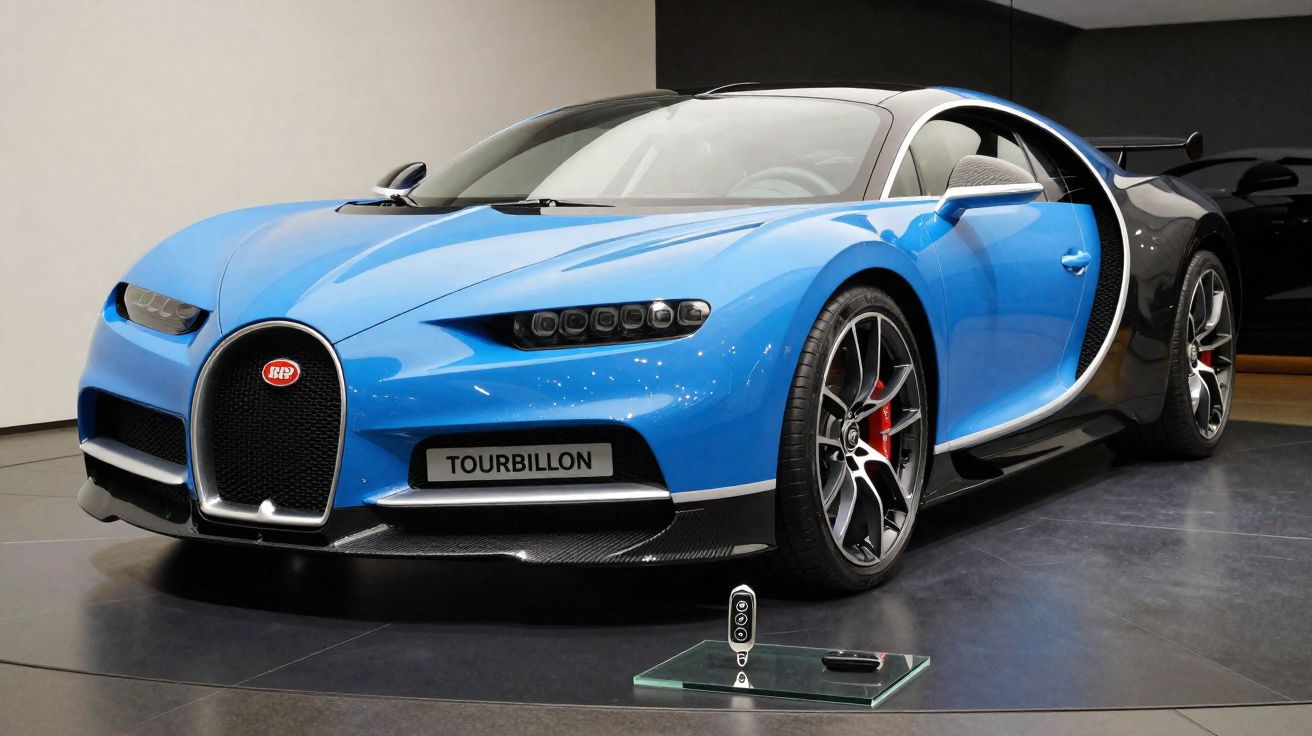 Carro esportivo Bugatti Tourbillon azul com detalhes pretos em exposição interna.