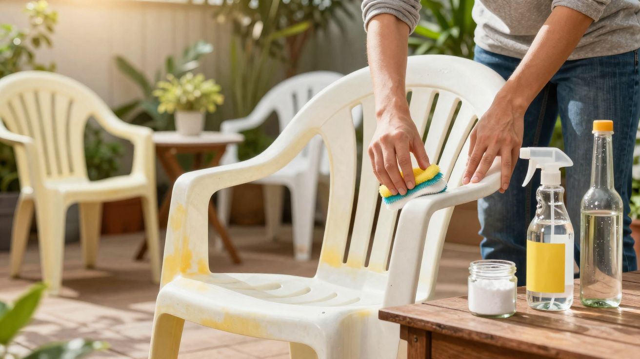 Pessoa limpando cadeira plástica branca em varanda com esponja e produtos de limpeza ao lado.
