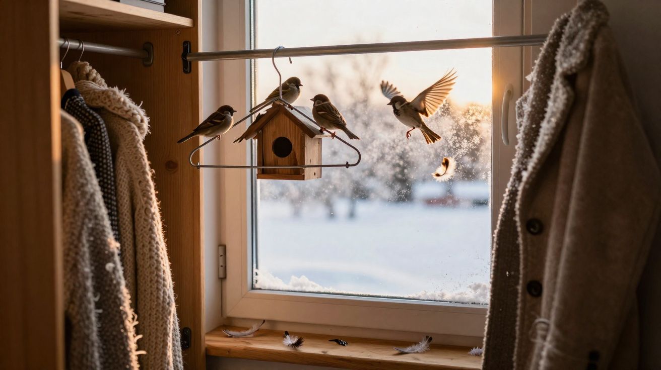 Pássaros pousados em casinha pendurada em cabide dentro de armário, com janela e neve ao fundo.