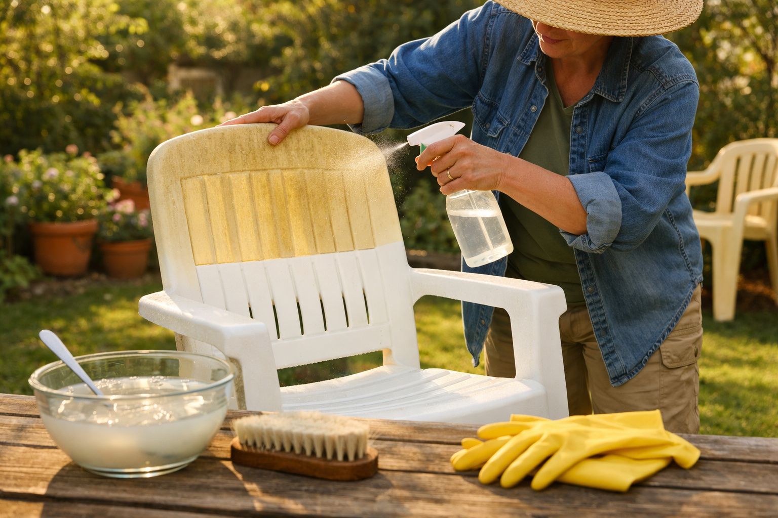 Pessoa limpando cadeira plástica branca no jardim com borrifador, escova e luvas amarelas sobre a mesa de madeira.