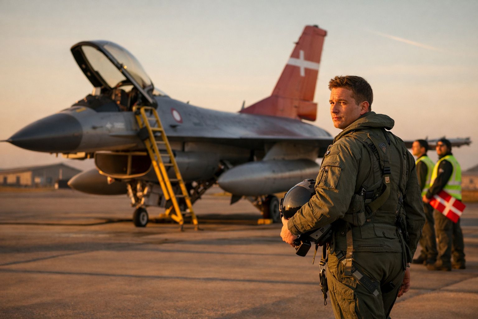 Piloto militar em uniforme verde segurando capacete ao lado de jato de combate com escada amarela na pista ao pôr do sol.