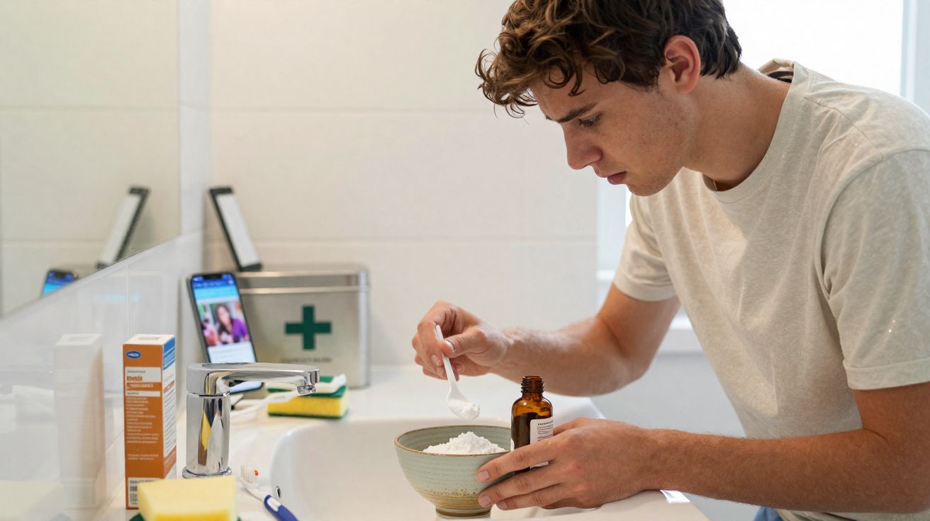Jovem preparando remédio em pó com colher em banheiro, ao lado de smartphone e caixa de primeiros socorros.