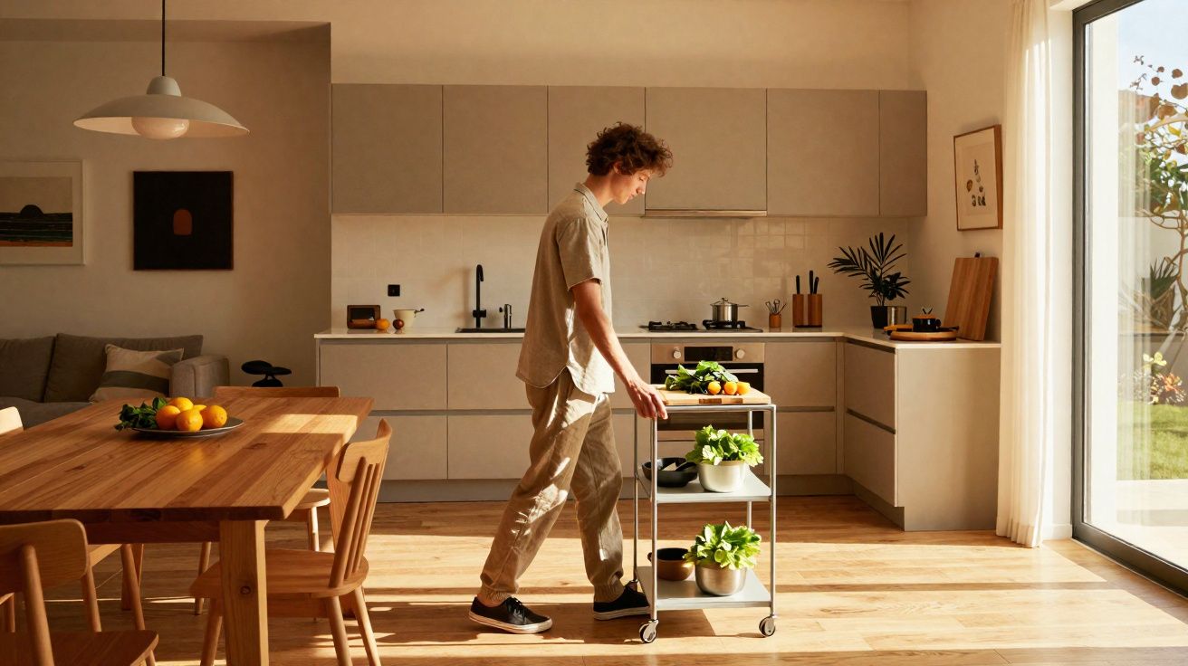 Jovem empurrando carrinho de plantas em cozinha iluminada por luz natural de janela grande.