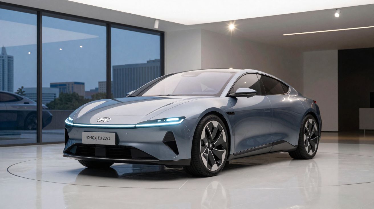 Carro elétrico cinza Hyundai Ioniq 6 estacionado em showroom moderno com iluminação suave.