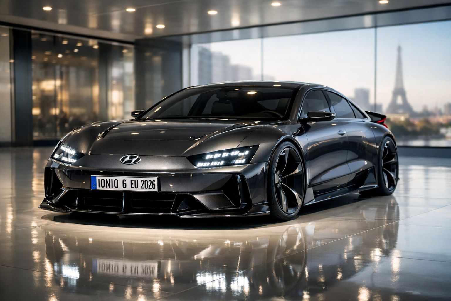Carro esportivo Hyundai Ioniq 6 cinza escuro em ambiente interno com janela e Torre Eiffel ao fundo.