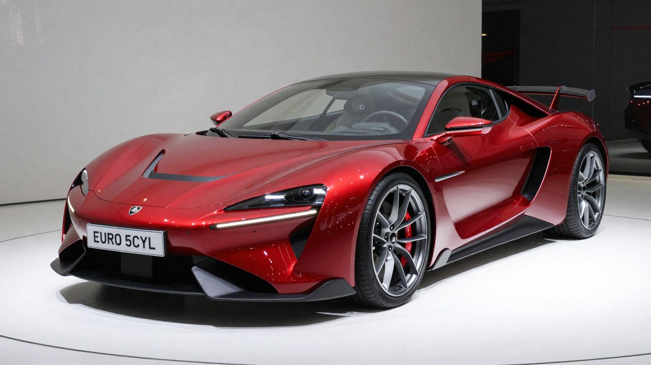 Carro esportivo vermelho com design aerodinâmico exibido em ambiente interno branco.