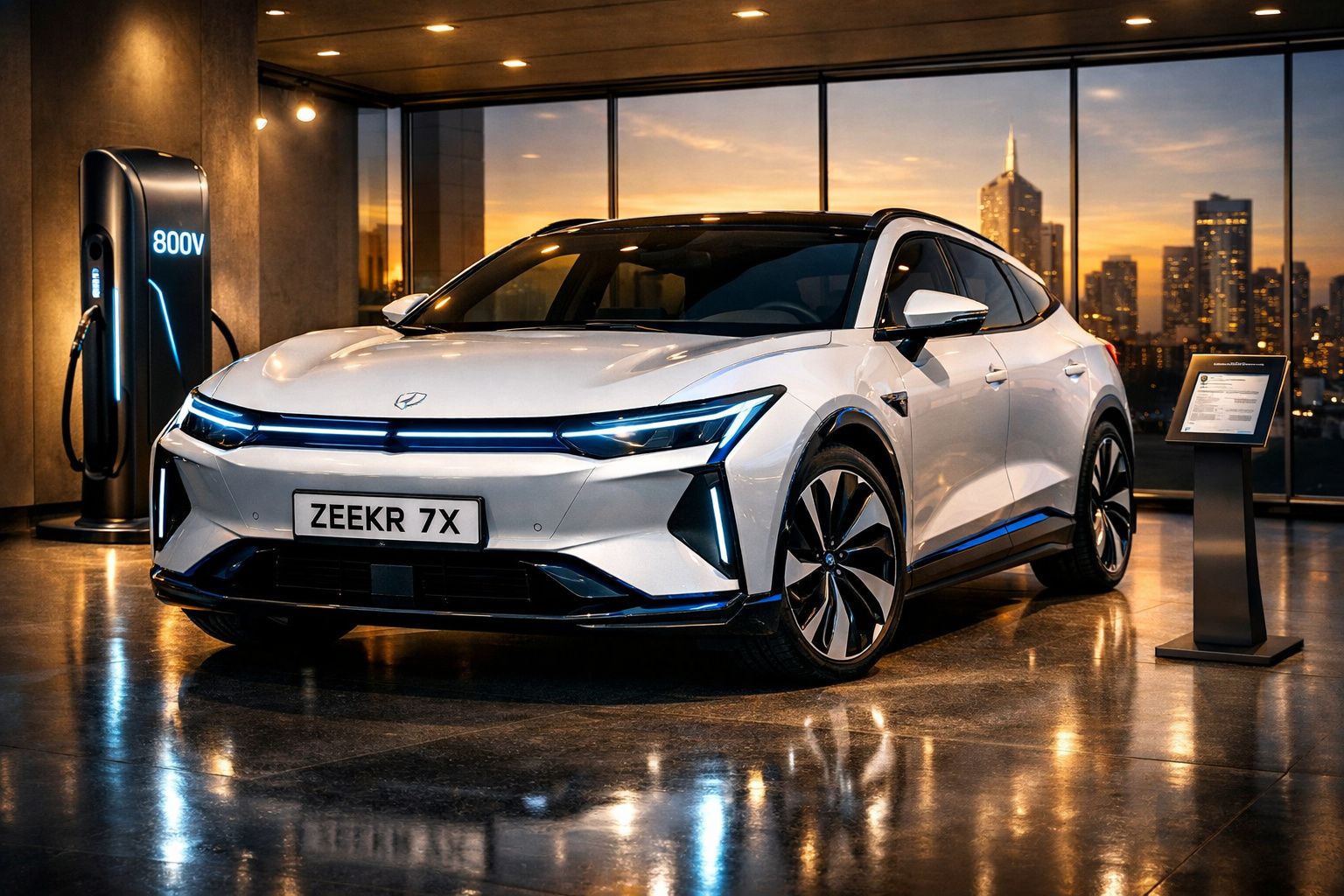 Carro elétrico branco Zeekr 7X em exposição com carregador e vista urbana ao entardecer.