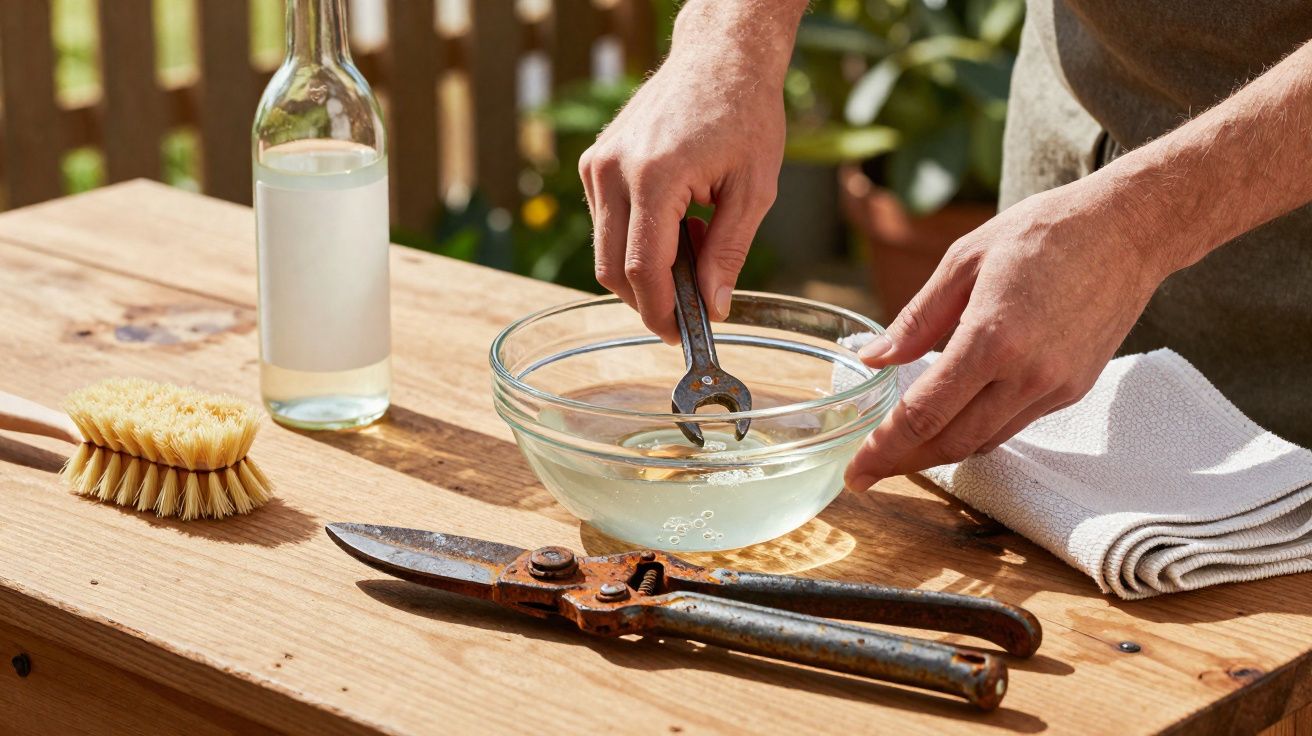 Mãos mergulhando uma chave inglesa em uma tigela com líquido para limpar tesoura enferrujada sobre mesa de madeira.