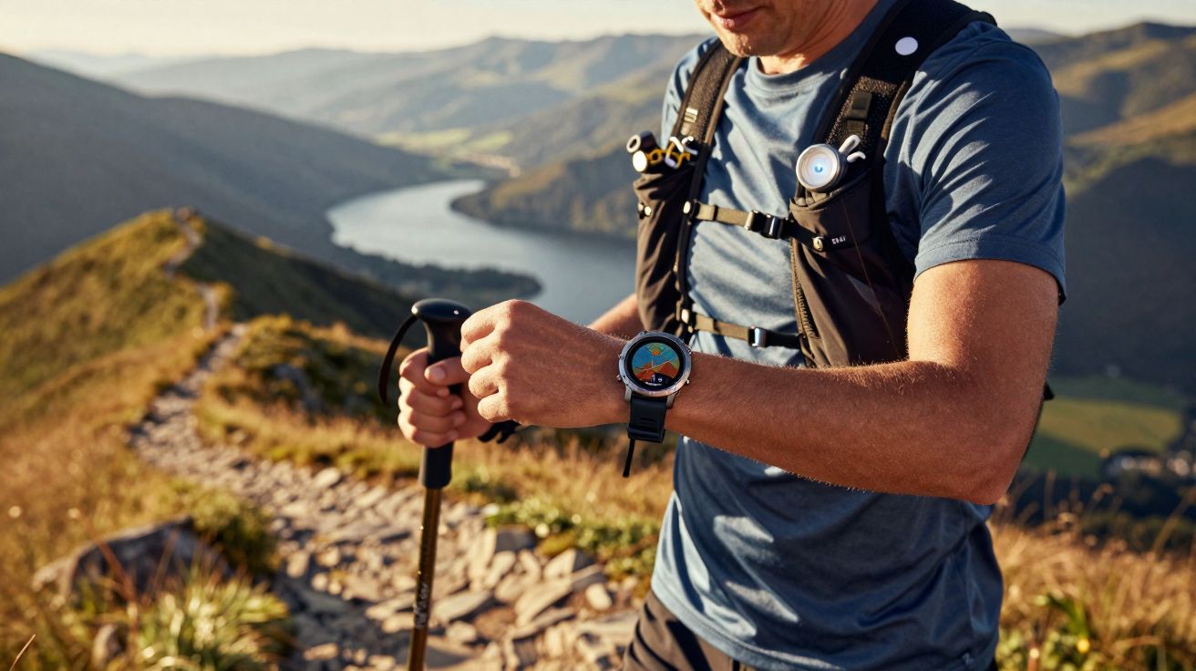 Homem caminhando na montanha usando relógio smartwatch e bastão de trilha com rio ao fundo.