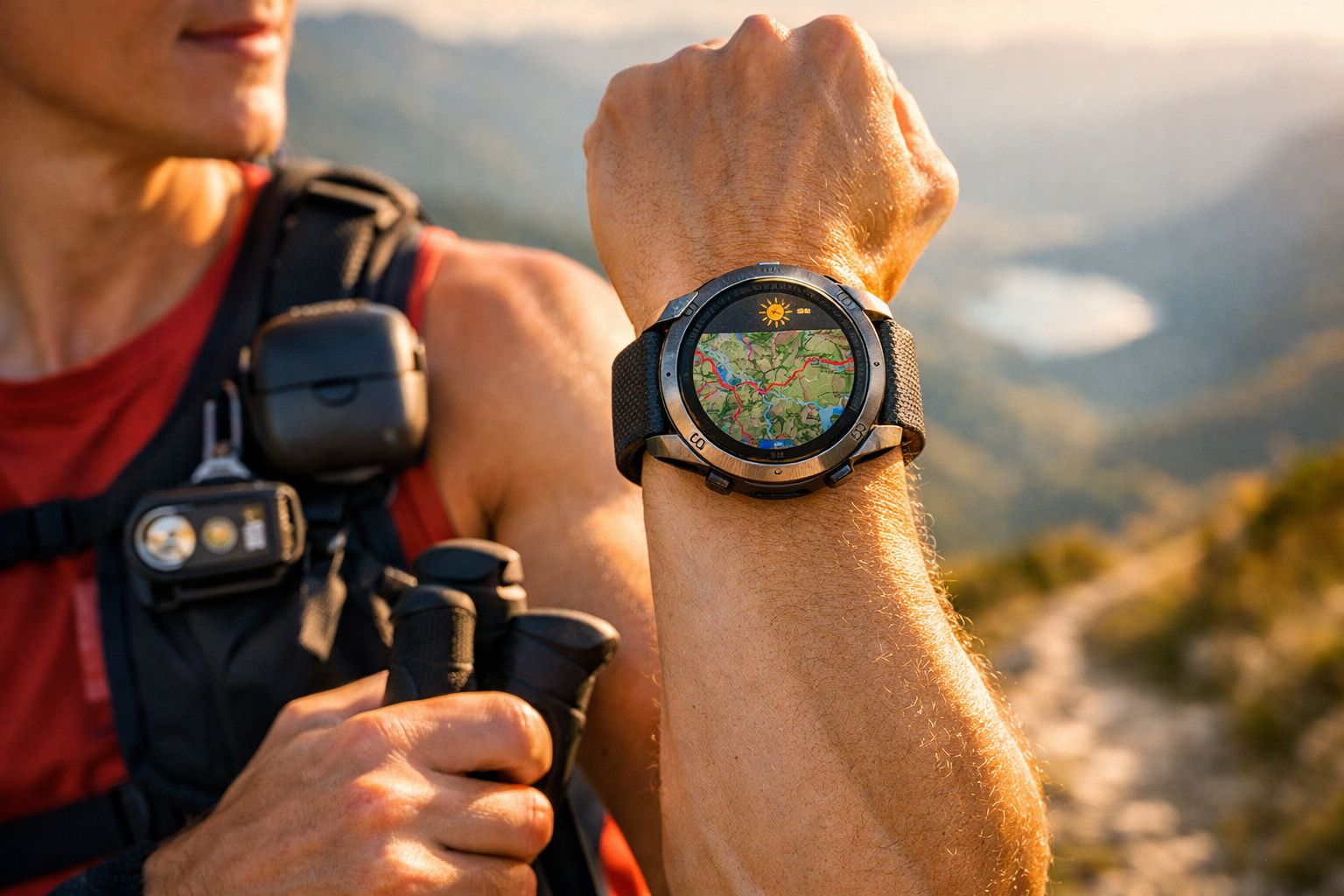 Pessoa com mochila e binóculos verifica mapa em relógio inteligente durante trilha ao ar livre.