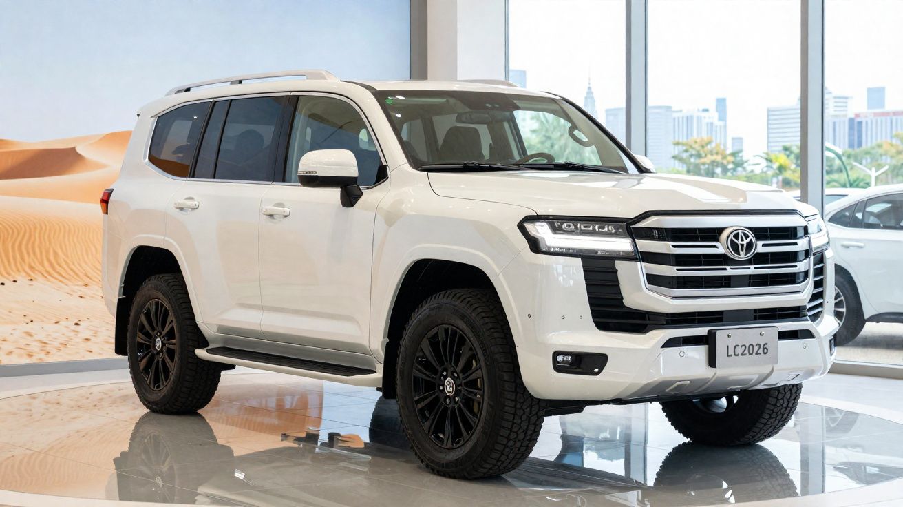 SUV branco Toyota Land Cruiser 2026 em exposição, com janelas amplas ao fundo.