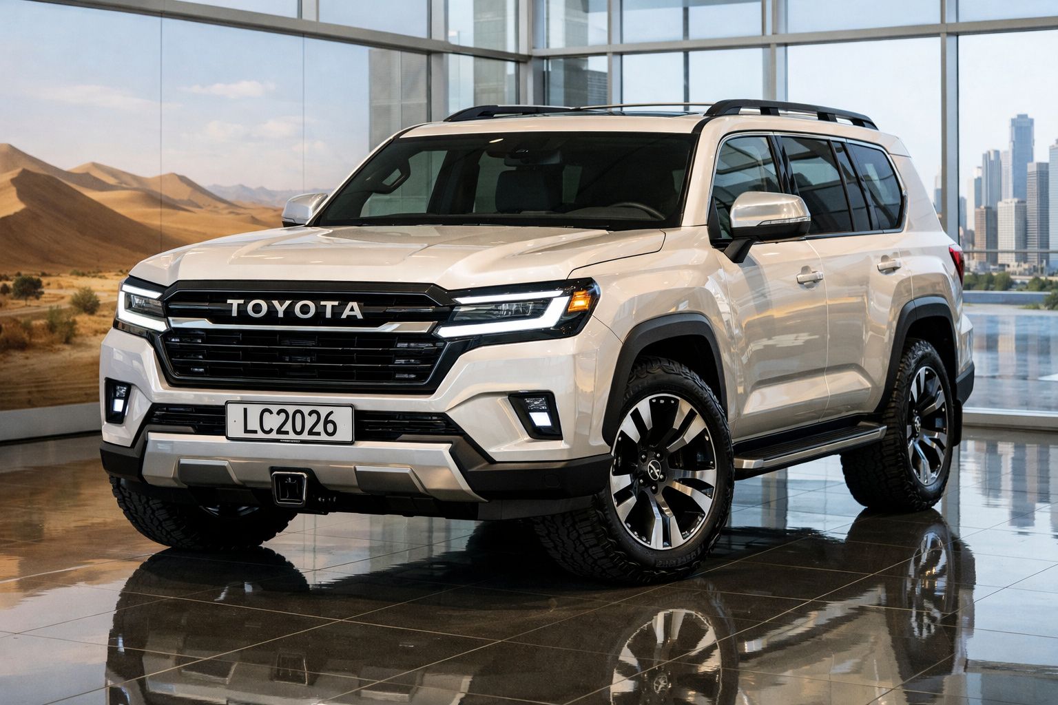 SUV branco Toyota Land Cruiser 2026 em showroom moderno com janela para cidade ao fundo.