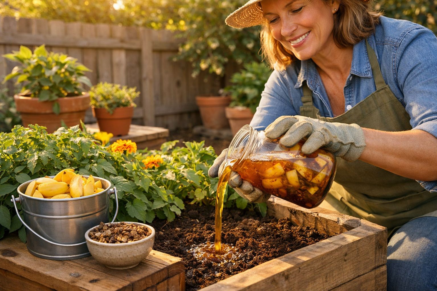 Mulher regando plantas com fertilizante caseiro em jardim com luvas e avental verde.