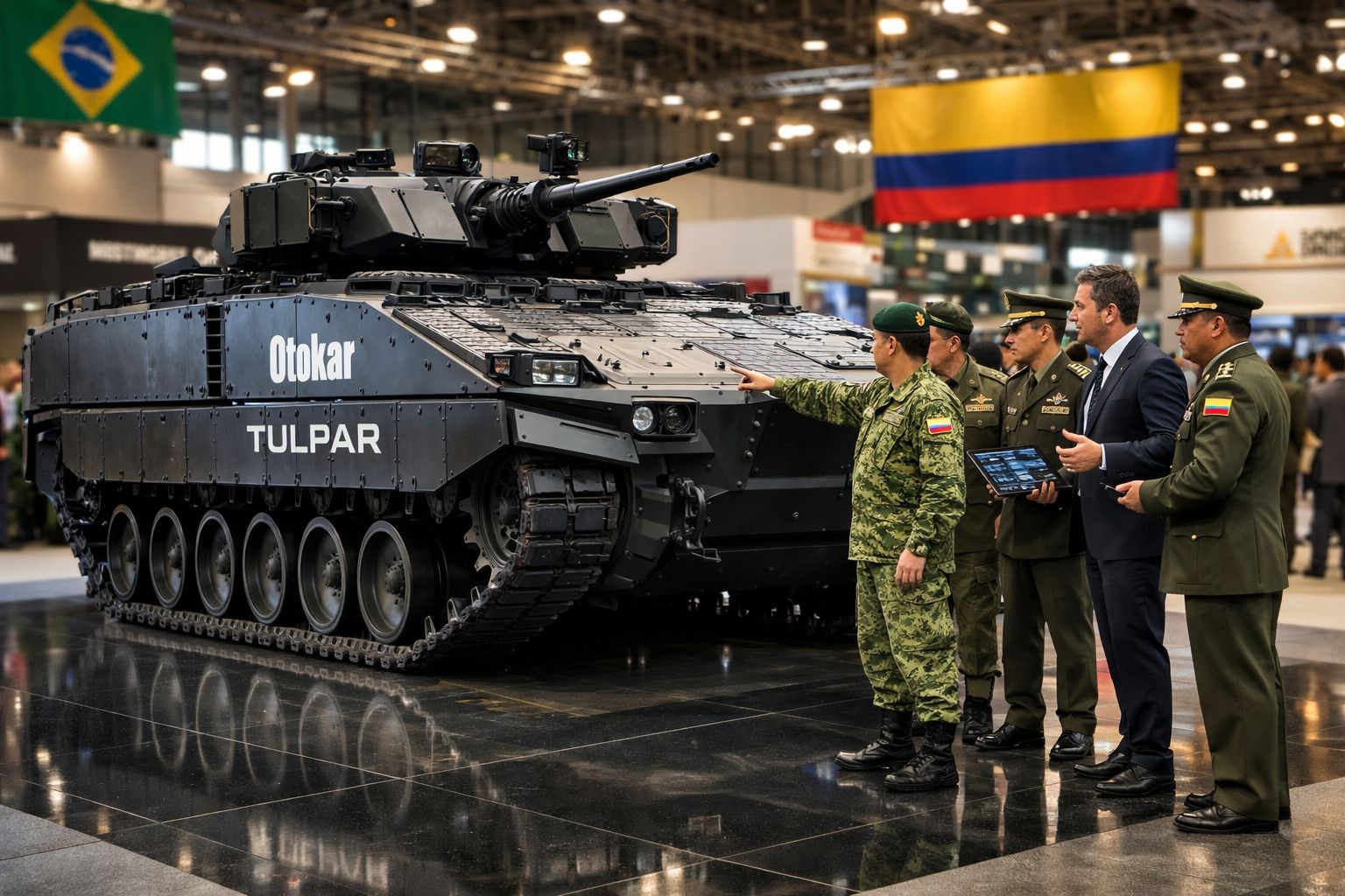 Homens em uniformes militares observam e apontam para veículo blindado Otokar Tulpar em exposição indoor.