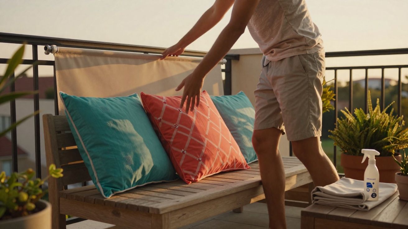 Pessoa arrumando almofadas coloridas em banco de madeira na varanda com plantas ao redor.