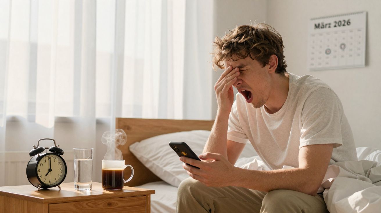 Homem cansado sentado na cama, bocejando enquanto olha para o celular, ao lado de café e despertador.