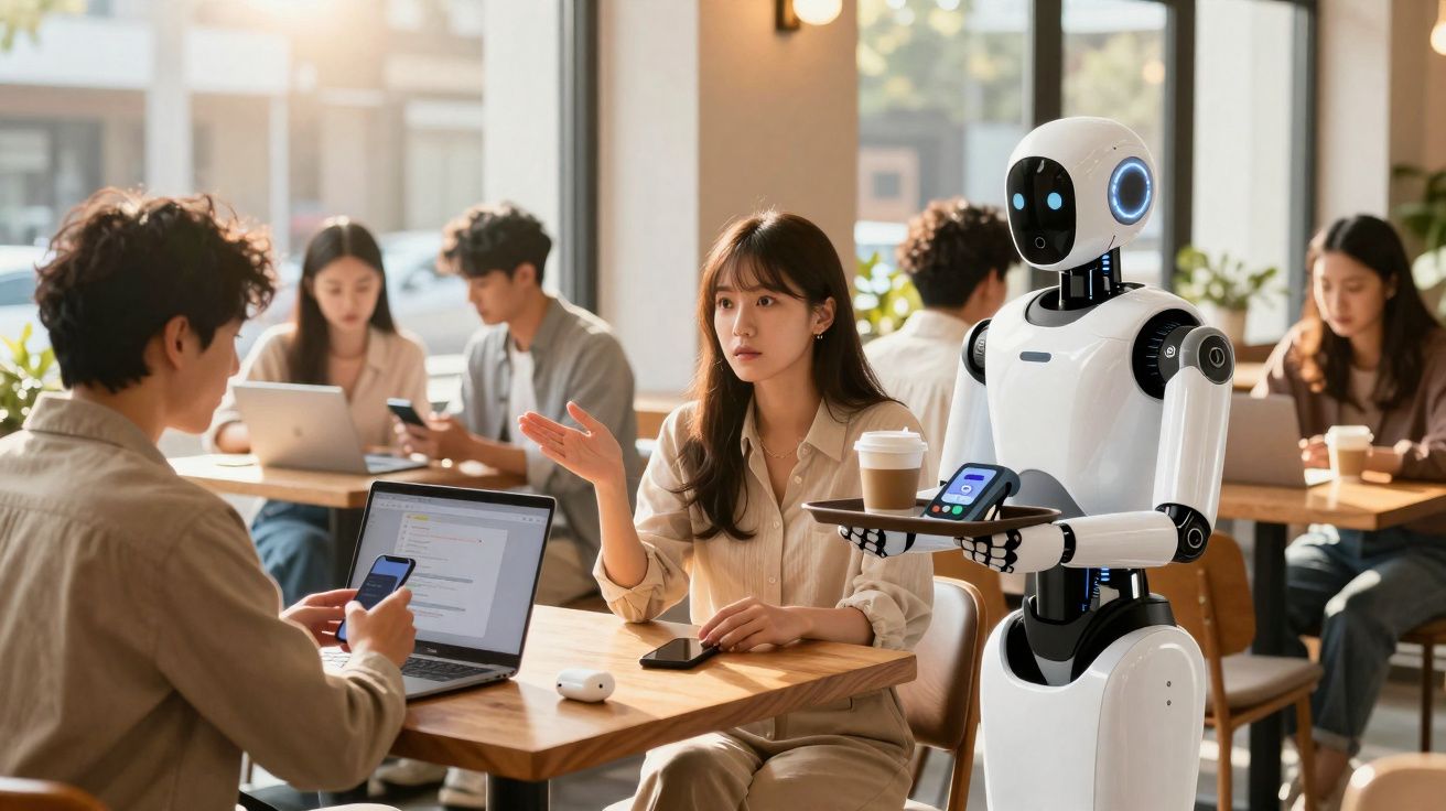 Robô atendendo clientes em café moderno com pessoas usando laptops e celulares ao fundo.