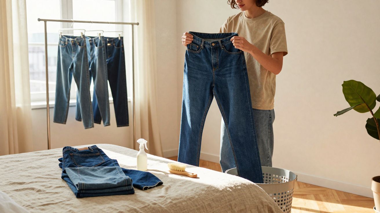 Pessoa segurando calça jeans azul, com outras calças e produtos para limpeza em ambiente ensolarado.