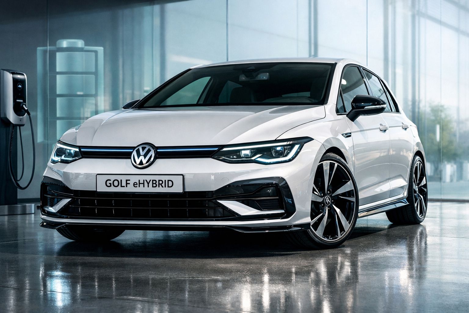 Carro Volkswagen Golf eHYBRID branco estacionado em ambiente moderno com carregador elétrico à esquerda.