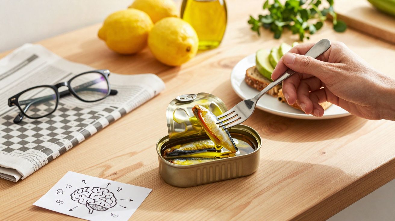 Pessoa segurando garfo com sardinha em lata aberta sobre mesa com jornal, óculos, limões e pão com abacate.