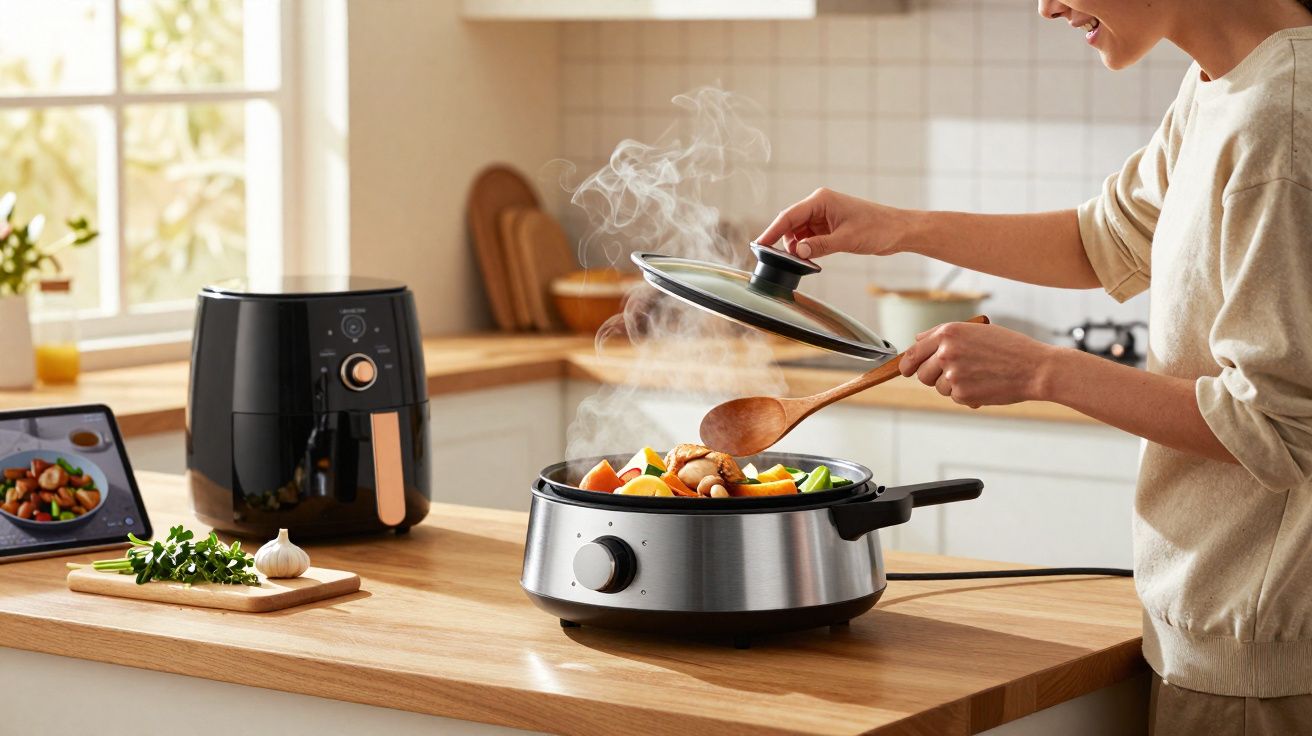 Pessoa abrindo panela elétrica com legumes e frango recém-cozidos em cozinha moderna iluminada.