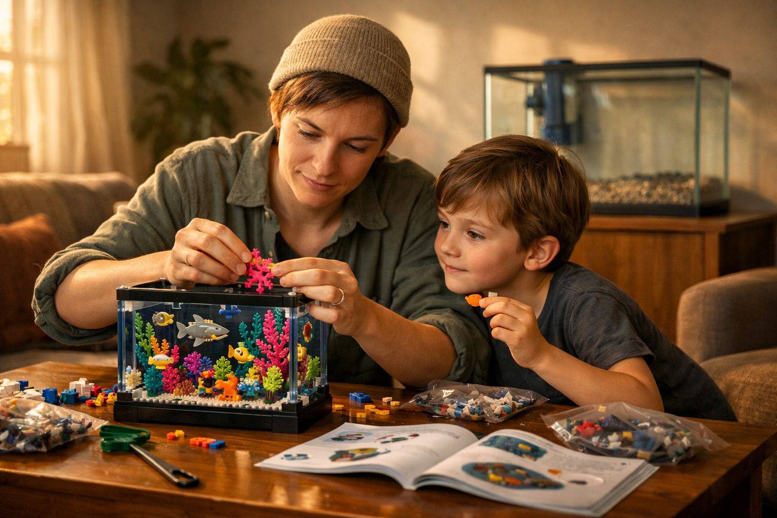 Pessoa adulta e criança montando aquário de blocos de montar coloridos em mesa com manual e peças espalhadas.