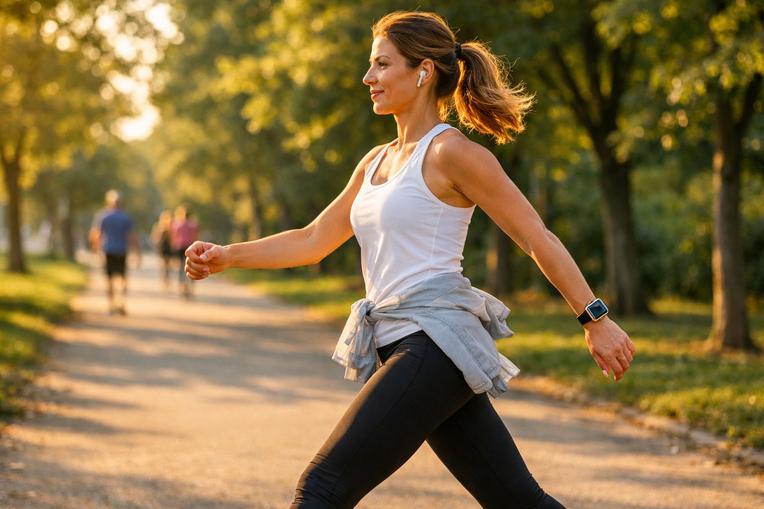 Mulher vestindo roupa esportiva caminhando ao ar livre em parque ensolarado com árvores ao fundo.
