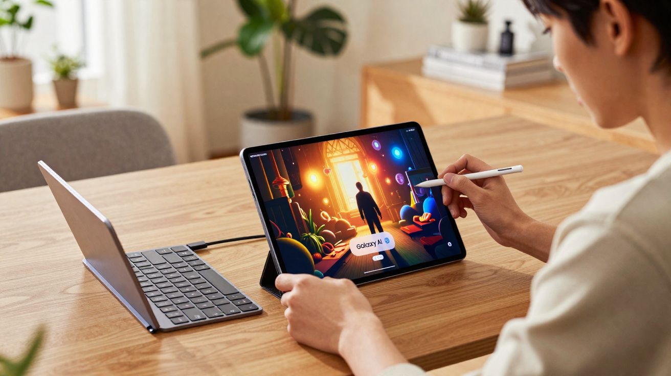 Pessoa usando caneta digital em tablet conectado a teclado, criando arte colorida em ambiente interno.