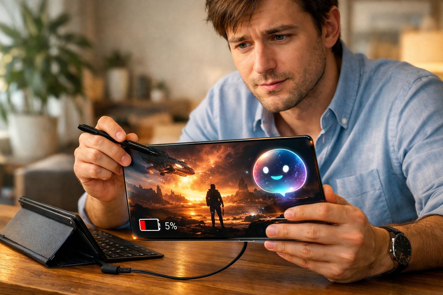 Homem segurando tablet com jogo de ficção científica e bateria fraca em 5% na tela.