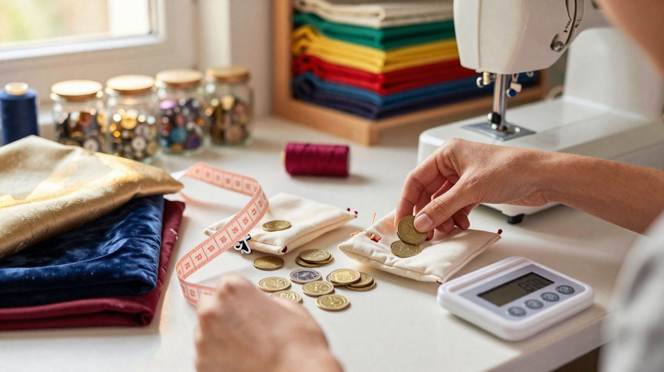 Pessoa contando moedas sobre tecido em mesa com máquina de costura e materiais de costura.