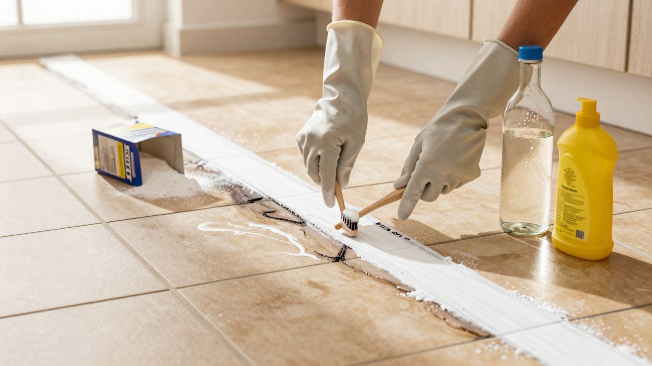 Mãos com luvas brancas limpando rejunte de piso com escova, ao lado de garrafas e caixa de pó de limpeza.