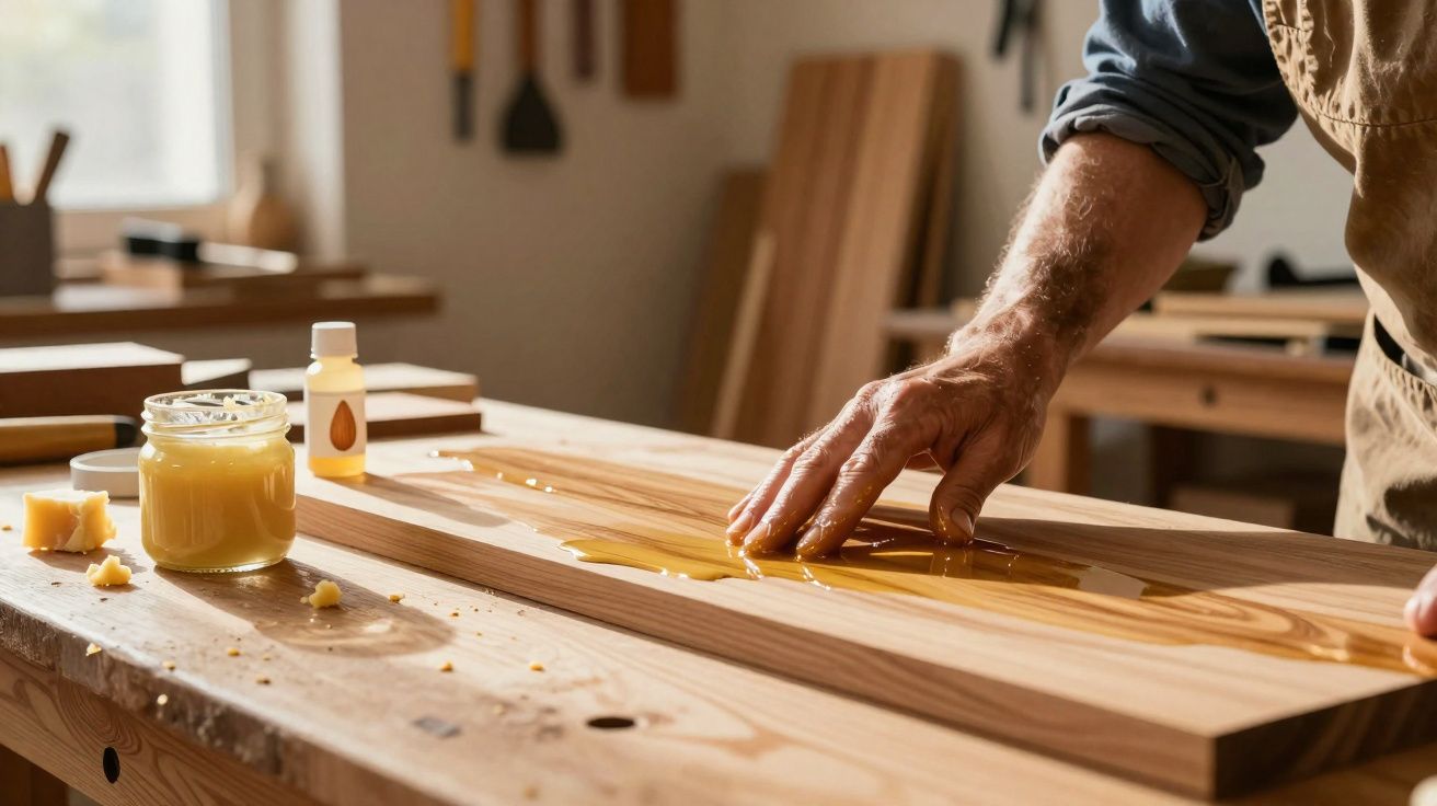 Mãos de homem aplicando óleo de acabamento em madeira clara sobre bancada de marcenaria iluminada.