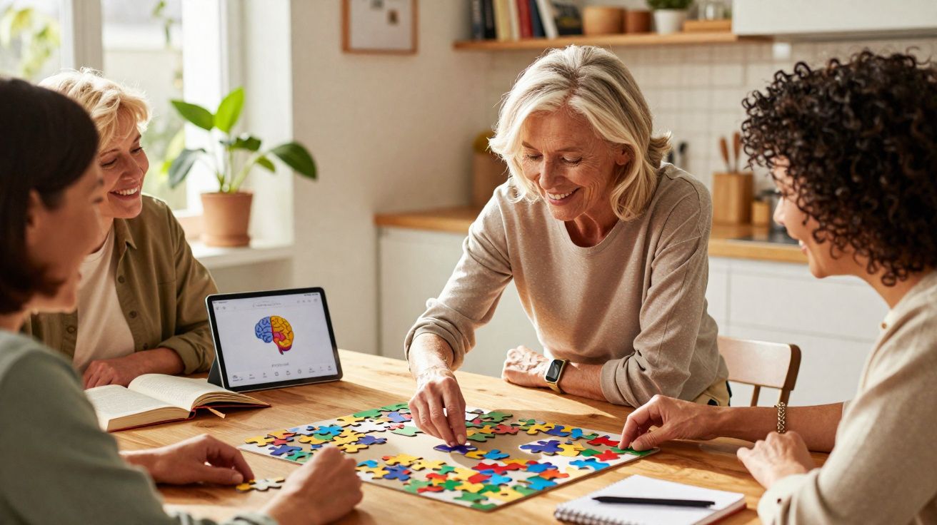 Quatro mulheres idosas montando quebra-cabeça colorido em mesa de madeira em ambiente iluminado.