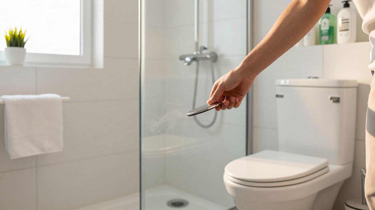 Pessoa aplicando spray sanitizante em banheiro limpo e organizado, com vaso sanitário e box de vidro.